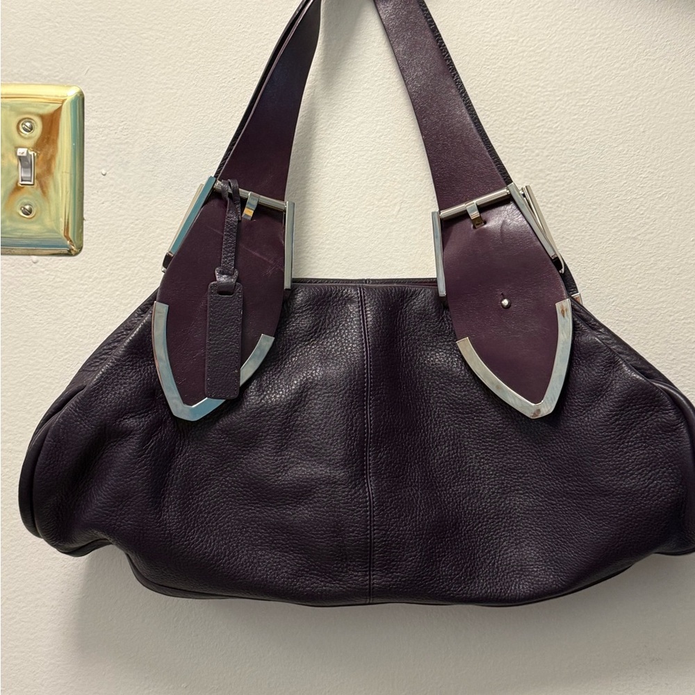 Plum Pebble Leather Shoulder Bag with Silver Accents
